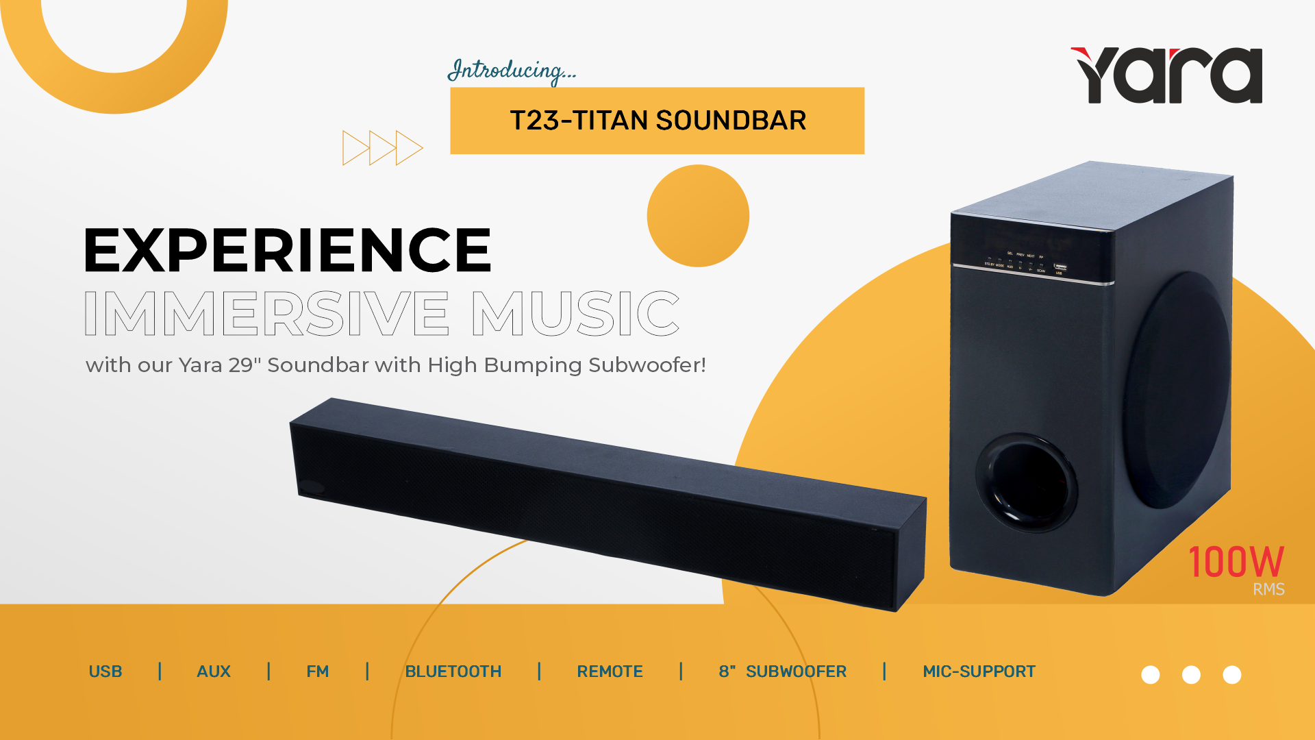 Yara-T23-Titan Soundbar With 8" Subwoofer | 100W RMS